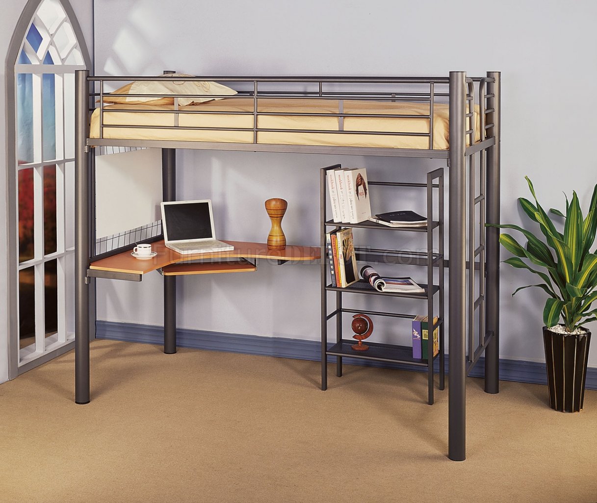 Siver Metal Contemporary Twin Loft Bed W Desk Bookcase