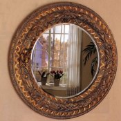 Dark Bronze Finish Frame Round Beveled Mirror w/Carvings