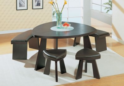 Dark Chocolate Finish Triangle Shape Dinette With Glass Inlay