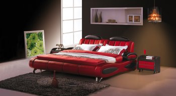 Red Leatherette Modern Bed w/Black Accents [SHBS-222]