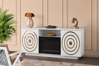 Myra Electric Fireplace Media Console in White w/Gold Trim