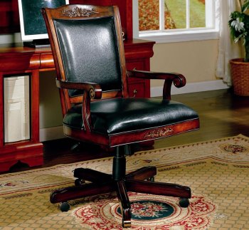 Black Vinyl Office Chair w/Carvings Accented Wood Frame [CROC-488-800102]