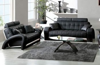 Black Tufted Leather Sofa & Loveseat w/Silver Leather Accents [AES-7030-BLACK]