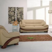 Beige Leather Modern 3Pc Sofa Set w/Wooden Legs & Accents