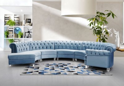 Anabella Sectional Sofa 697 5Pc Sky Blue Velvet Fabric -Meridian