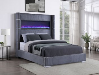 Tisdall Upholstered Fireplace Bed 306030 Gray Fabric by Coaster [CRB-306030 Tisdall]