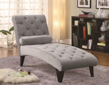 Grey Velour Fabric Modern Chaise Lounger w/Bolster Pillow [CRCL-550067]