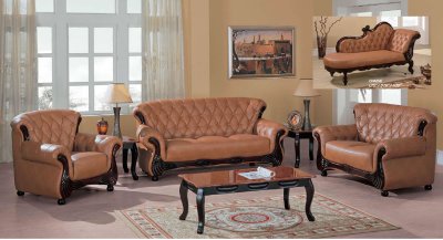 Brown Leather Stylish Living Room W/Button-Tufted Backs