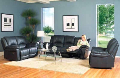 Black Bonded Leather Modern Reclining Living Room Sofa w/Options