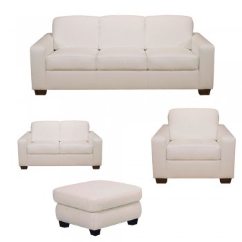 White Full Italian Leather Classic 4Pc Sofa Set w/Wooden Legs [LKS-Abbey]