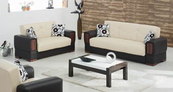 Beige & Black Leatherette Modern Sofa Bed w/Zebrano Accents [MYSB-Troy Black & Beige]