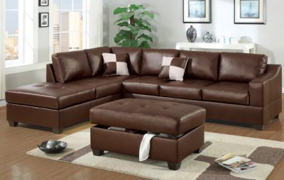 Walnut Bonded Leather Modern Sectional Sofa w/Optional Ottoman