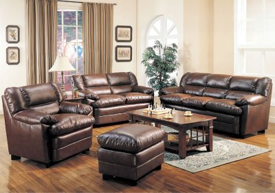 Brown Full Bonded Leather Contemporary Sofa w/Pillow Top Seating