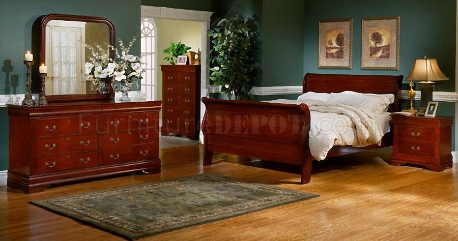 Louis Philippe Cherry Eastern King Sleigh Bed w/Dresser and Mirror