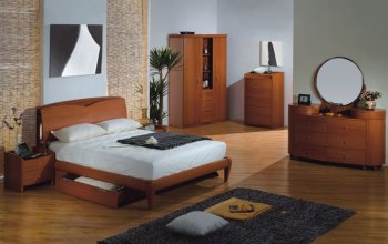 Cherry Finish Contemporary Bedroom With Storage Space Headboard [PKBS-P176B]