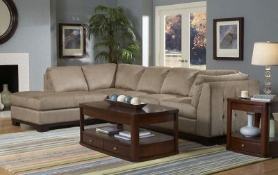 Peat Microfiber Contemporary Sectional Sofa w/Merlot Wooden Base