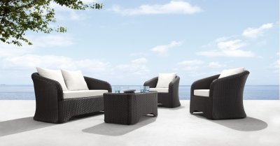 Black/White Modern 4pc Outdoor Loveseat, 2 Chairs & Table Set