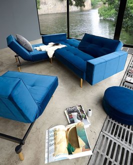 Splitback Sofa Bed in Blue w/Arms & Brass Legs by Innovation