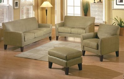 Sage Microfiber Contemporary Sofa w/Cherry Wooden Legs