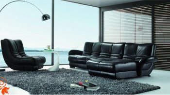 Black Leather Modern Sectional Sofa w/Chair [VGSS-Berkut]