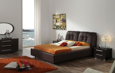 Modern Brown Finish Bed With Leather Upholstered Headboard