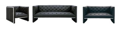 Black Full Leather Modern 3Pc Sofa Set w/Chrome Accent Lines