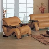 Brown Leather Modern Sofa & Loveseat Set with Mahogany Arms