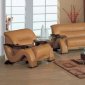 Brown Leather Modern Sofa & Loveseat Set with Mahogany Arms