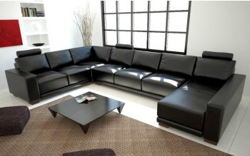 Black Leather Modern Sectional Sofa w/Wooden Legs [THSS-LF-1001]