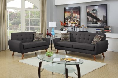 F6913 Sofa & Loveseat Set in Ash Black Linen-Like Fabric by Boss