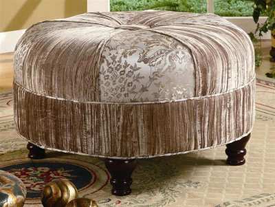 Two Fabric Combination Round Ottoman w/Center Button Tuft