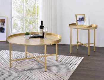 Mithea Coffee Table 3Pc Set 82335 in Oak & Gold by Acme [AMCT-82335 Mithea]