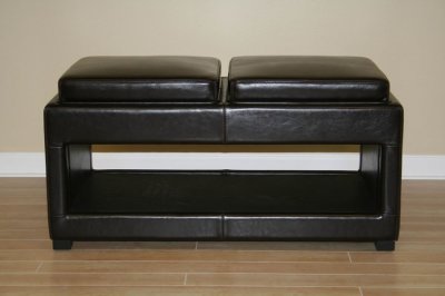 Contemporary Storage Brown Leather Ottoman With Built In Trays