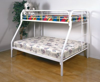 White Finish Contemporary Twin/Full Bunk Bed w/Built-In Ladders