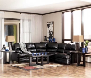 Black Leather Match Sectional Sofa w/White Stitches