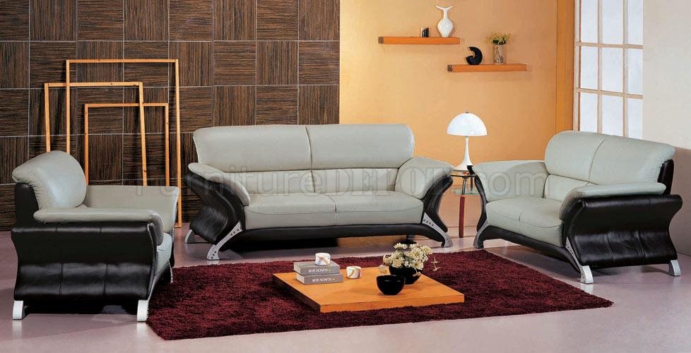 Grey & Black Leather 3PC Modern Living Room Set w/Chrome Legs