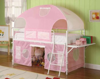 White Metal & Pink Tent Modern Bunk Bed w/Shelf and Ladder [CRKB-460202]