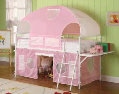 White Metal & Pink Tent Modern Bunk Bed w/Shelf and Ladder