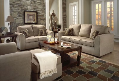 Camel Microfiber Modern Sofa & Loveseat Set w/Large Flared Arms