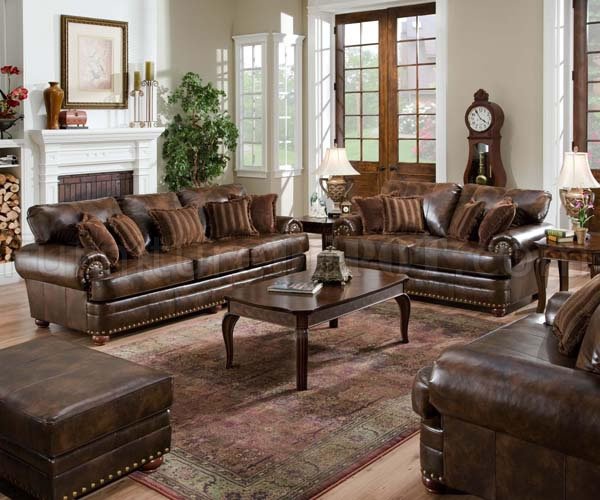 Walnut Bonded Leather Traditional Sofa & Loveseat Set w/Options