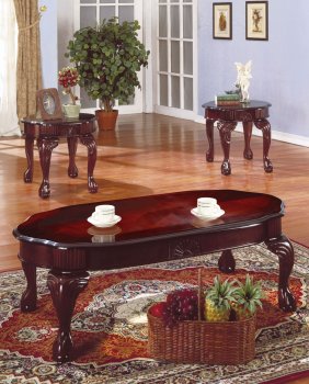 Rich Cherry Finish Traditional Coffee 3Pc Table w/Carved Legs [HLCT-T530]