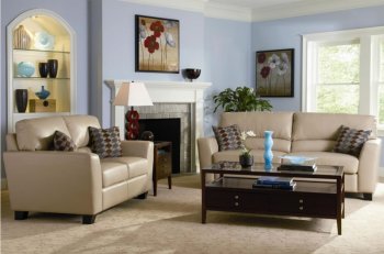 Beige Bonded Leather Contemporary Living Room w/Accent Pillows [CRS-305-502331]