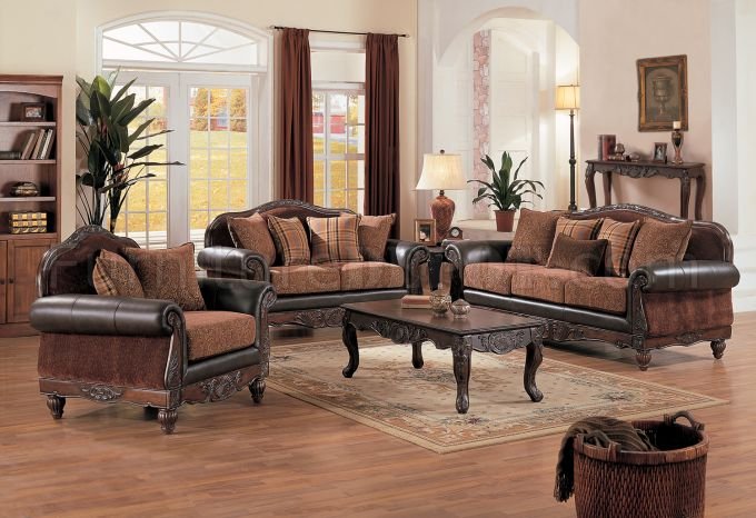 Dark Brown Full Leather & Chenille Formal Living Room w/Options