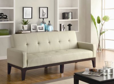 Cream Button Tufted Leather-Like Vinyl Modern Sofa Bed