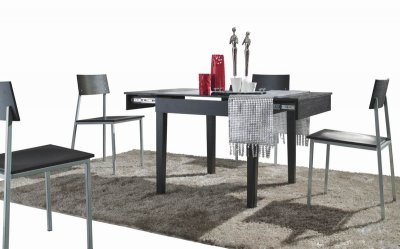 Black Glass Top & Walnut Base Modern Expandable Dining Table