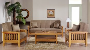 Beige Microfiber Living Room w/Wooden Frame Storage Sleeper Sofa [IKSB-FRANCESCA-Dark Beige]