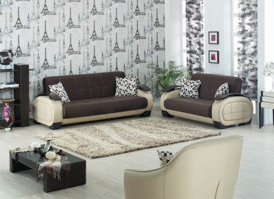 Brown Fabric & Beige Vinyl Two-Tone Modern Sofa Bed w/Options