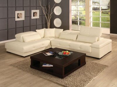 Ivory or Brown Leather Sectional Sofa w/Lift-up Headrests