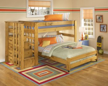 Solid Pine Contemporary Kids Bunk Bed w/Storage Stair Case [HLBS-S153TFB]