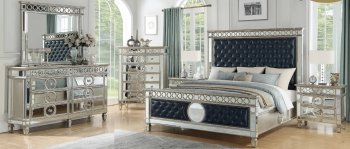 Brooklyn 5Pc Bedroom Set in Mirror & Navy Leatherette [ADBS-Brooklyn]